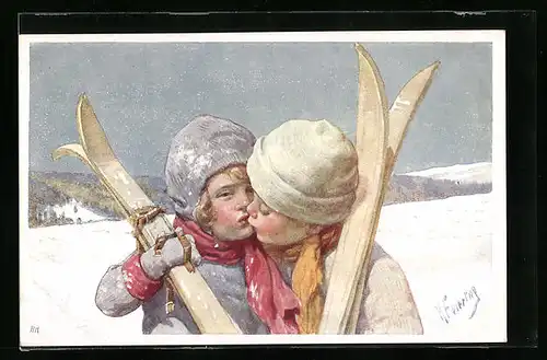 Künstler-AK Karl Feiertag: Kinder mit Skiern küssen sich