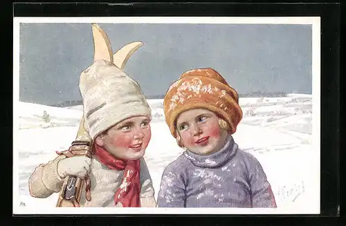 Künstler-AK Karl Feiertag: Kinder mit Skiern schauen sich lächelnd an