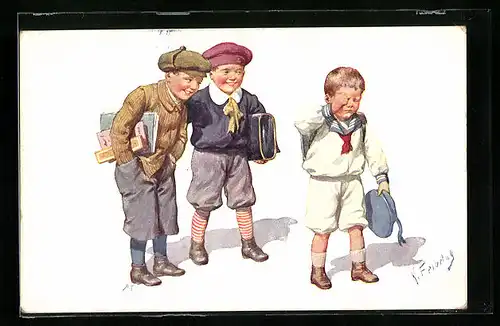 Künstler-AK Karl Feiertag: Kinder lachen über einen weinenden Jungen im Matrosenanzug