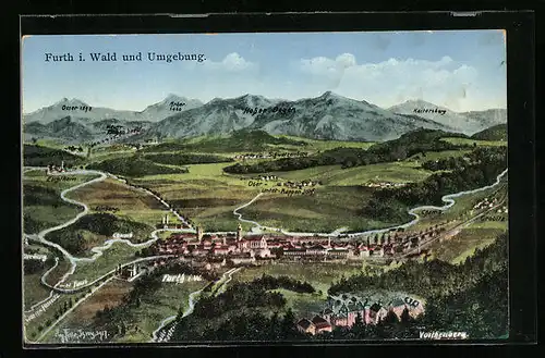 Künstler-AK Eugen Felle: Furth i. Wald, Ortsansicht und Umgebung aus der Vogelschau