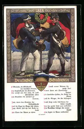 Künstler-AK Karl Friedrich Gsur, Deutscher Schulverein Nr. 526: Feindliche Soldaten reichen sich die Hände, 1813