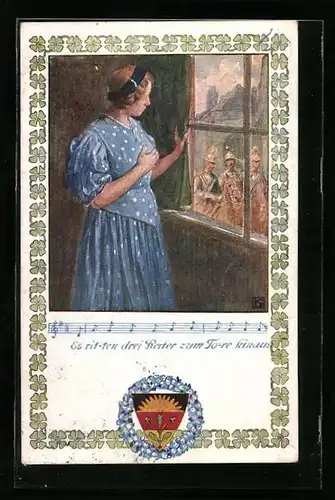 Künstler-AK Karl Friedrich Gsur, Deutscher Schulverein Nr. 370: Lied Es ritten drei Reiter zum Tore hinaus