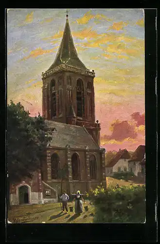 Künstler-AK Johan Georg Gerstenhauer: Dorfkirche in der Dämmerung