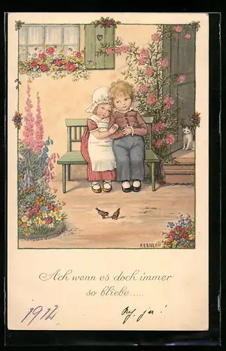 Künstler-AK Pauli Ebner: Ach wenn es doch immer so bliebe ..., Kinder sitzen Arm in Arm auf einer Bank