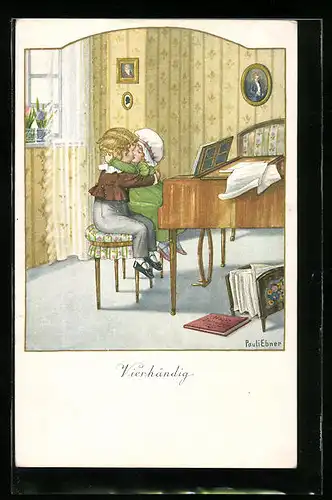 Künstler-AK Pauli Ebner: Kinder küssen sich am Klavier