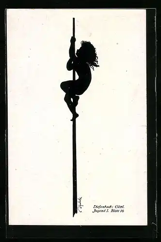 Künstler-AK Diefenbach: Mädchen klettert eine Stange empor, Schattenbild
