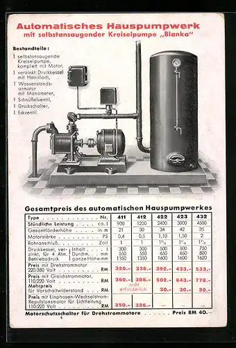 AK Automatisches Hauspumpwerk Blanka, Reklame