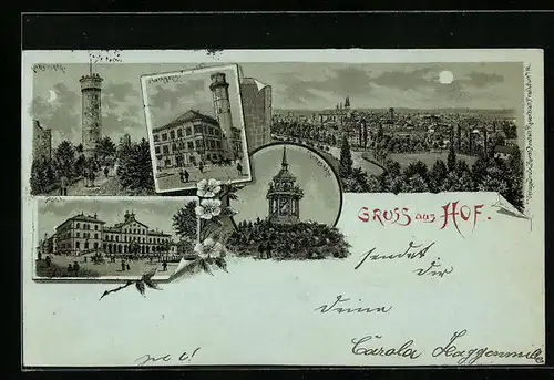 Mondschein-Lithographie Hof, Ortsansicht, Rathhaus, Post, Thomashöhe