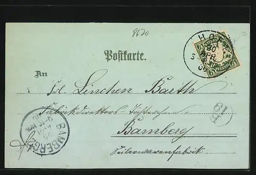 Mondschein-Lithographie Hof, Ortsansicht, Rathhaus, Post, Thomashöhe