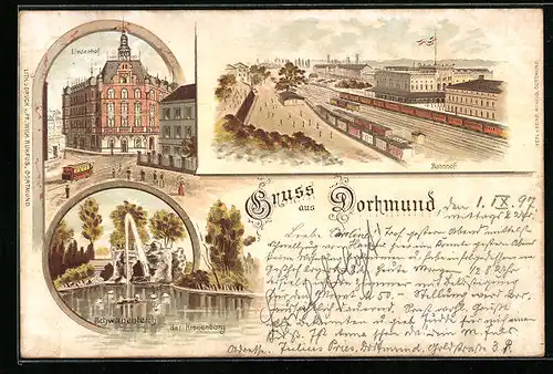 Lithographie Dortmund, Bahnhof, Hotel Lindenhof