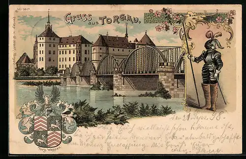 Lithographie Torgau, Ortsansicht mit Brücke, Ritter, Wappen