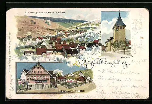 Künstler-AK Strümpfelbach, Ortsansicht in der Kirschenblüte, Gasthaus zur Linde