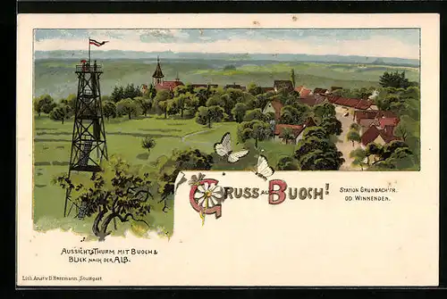 Lithographie Buoch bei Winnenden, Ortsansicht mit Aussichtsturm und Alb-Blick