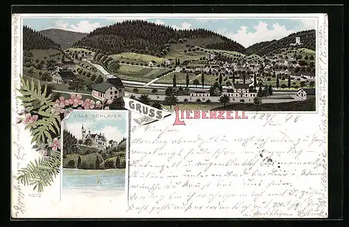 Lithographie Liebenzell, Gesamtansicht mit Bahnhof, Villa Schlayer
