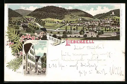 Lithographie Liebenzell, Gesamtansicht mit Bahnhof, Gasthof zum Hirsch