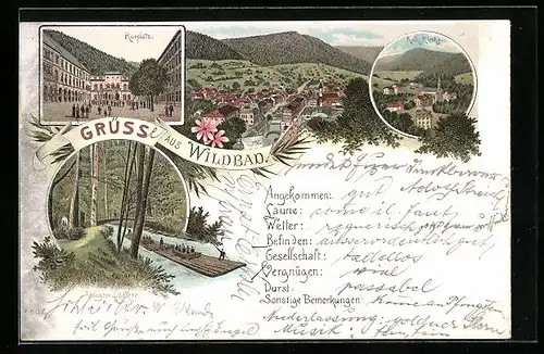 Lithographie Wildbad, Gesamtansicht, Kurplatz, Floss-Partie