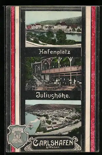 AK Carlshafen /Weser, Hafenplatz, Gasthaus Juliushöhe, Gesamtansicht, Wappen Sieburg