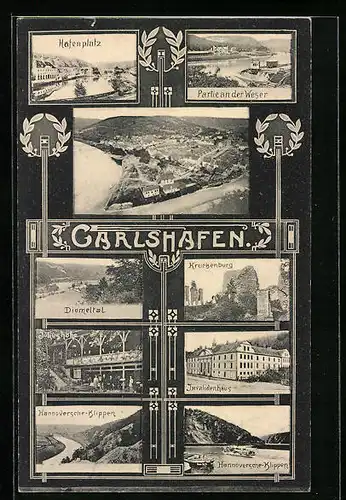 AK Carlshafen, Weserpartien, Hafenplatz, Diemeltal, Invalidenhaus