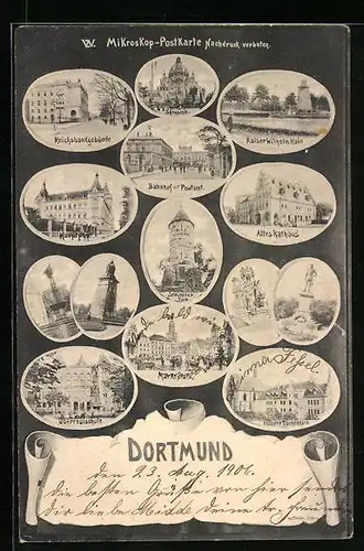 AK Dortmund, Bahnhof mit Post, Marktplatz, Höhere Töchterschule