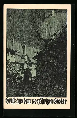 Künstler-AK Goslar, Festpostkarte 1000 Jahre Goslar, Ortspartie mit Nachtwächter, rückseitig Wappen