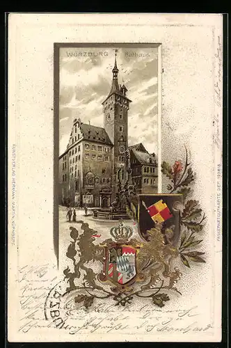 Passepartout-Lithographie Würzburg, Rathaus mit Brunnen, Wappen