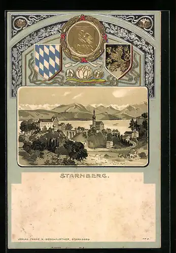 Passepartout-Lithographie Starnberg, Gesamtansicht mit See und Bergpanorama, Wappen