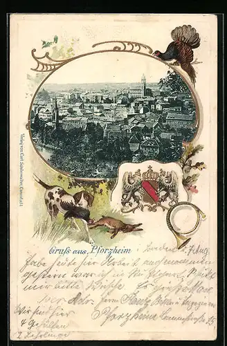 Passepartout-Lithographie Pforzheim, Teilansicht, Jagdhund mit Beute, Wappen