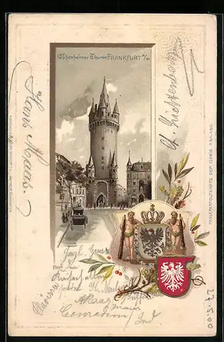 Passepartout-Lithographie Frankfurt a. M., Eschenheimer Turm mit Strasse, Wappen