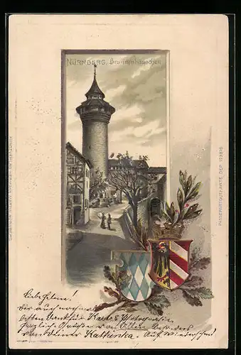 Passepartout-Lithographie Nürnberg, Brunnenhäuschen mit Turm, Wappen