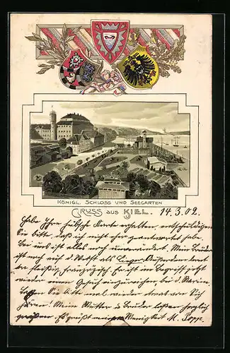 Passepartout-Lithographie Kiel, Königliches Schloss und Seegarten, Wappen