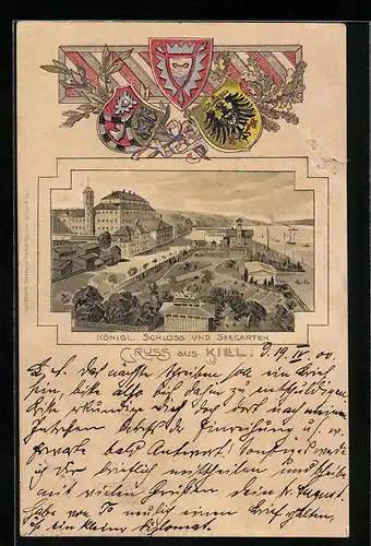 Passepartout-Lithographie Kiel, Königliches Schloss und Seegarten aus der Vogelschau, Wappen