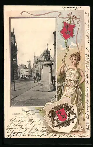 Passepartout-Lithographie Bremen, Thurmbläserbrunnen, Wappen, Mythologische Figur mit Stab