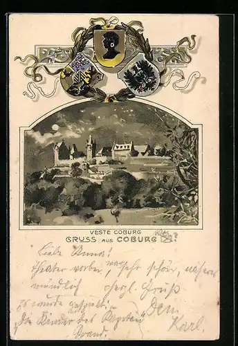 Passepartout-Lithographie Coburg, Veste Coburg im Mondschein, Wappen