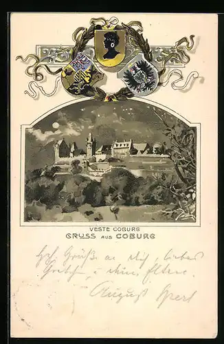 Passepartout-Lithographie Coburg, Veste Coburg bei Vollmond, Wappen