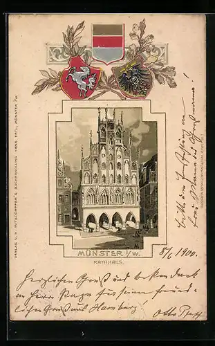 Passepartout-Lithographie Münster i. W., Rathhaus mit Strasse, Wappen