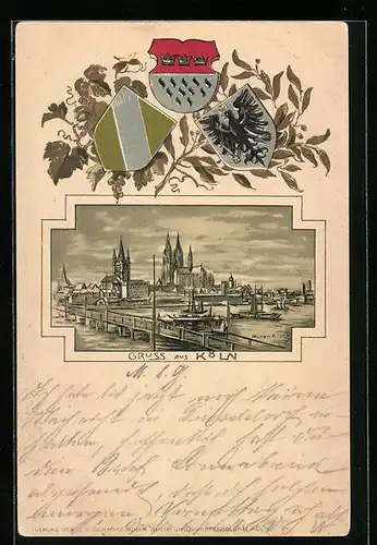 Passepartout-Lithographie Köln, Panorama mit Rheinbrücke, Wappen