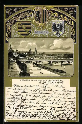 Passepartout-Lithographie Dresden, Blick von der Albertbrücke, Wappen
