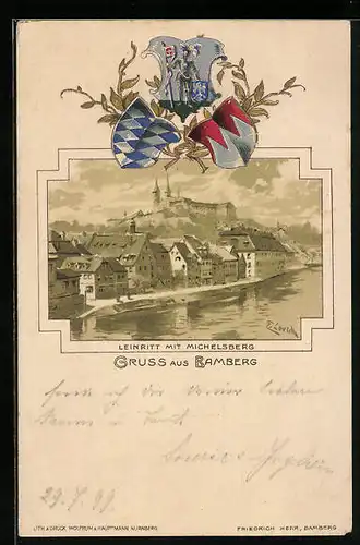 Passepartout-Lithographie Bamberg, Leinritt mit Michelsberg, Wappen