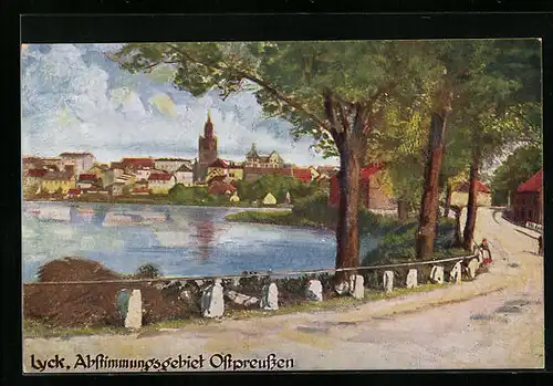 Künstler-AK Lyck, Teilansicht von einer Strasse aus