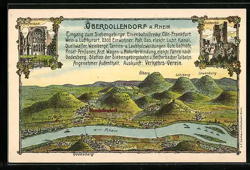 Künstler-AK Oberdollendorf a. Rhein, Landkarte Oberdollendorf mit Umgebung