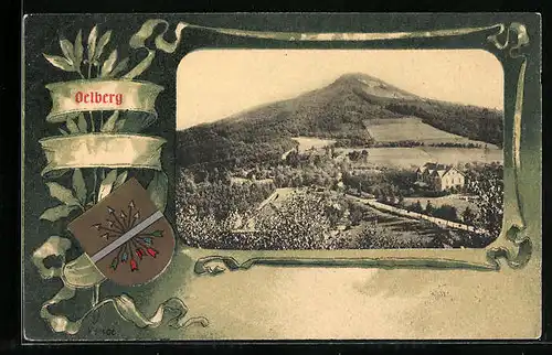 Passepartout-Lithographie Oelberg, Panorama mit Wappen