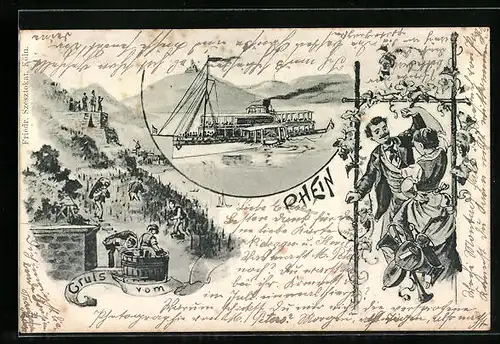 Künstler-AK Königswinter, Gruss vom Rhein, Dampfer, Tanzendes Paar