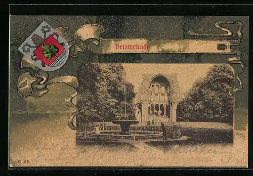 Passepartout-Lithographie Heisterbach, Brunnen mit Wappen