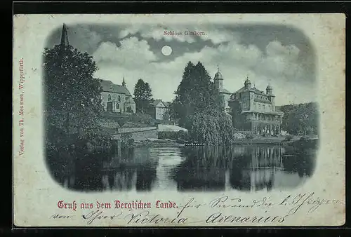 Mondschein-AK Gimborn, Schloss Gimborn mit Uferpartie