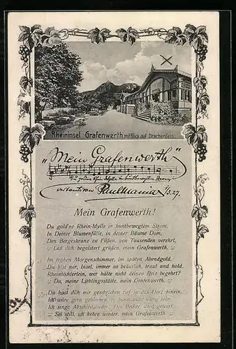 AK Grafenwerth, Rheininsel mit Blick auf Drachenfels