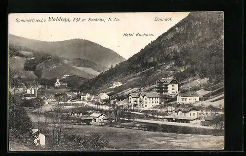 AK Wadegg, Ortsansicht mit Hotel Kuchner und Bahnhof