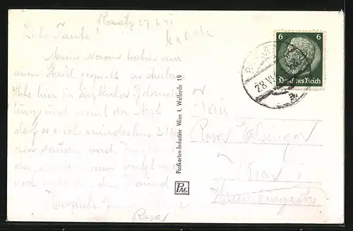 AK Rossatz, Ortsansicht gegen nahe Berge