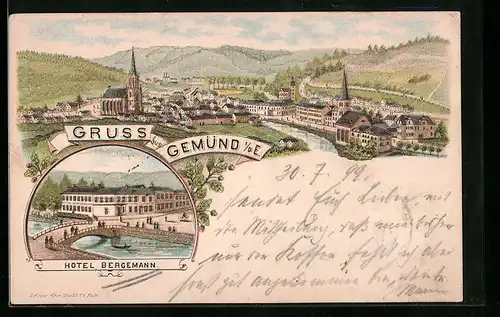 Lithographie Gemünd /E., Gesamtansicht mit Umgebung, Hotel Bergemann