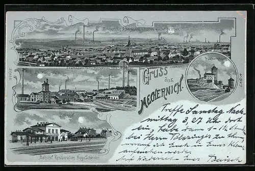 Mondschein-Lithographie Mechernich, Bahnhof, Blei & Silber Hütte