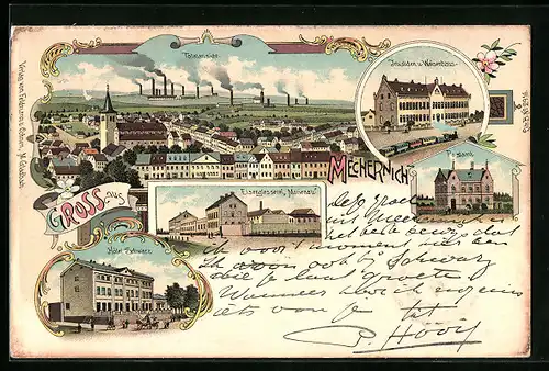 Lithographie Mechernich, Invaliden u. Waisenhaus, Postamt, Hotel Schwarz